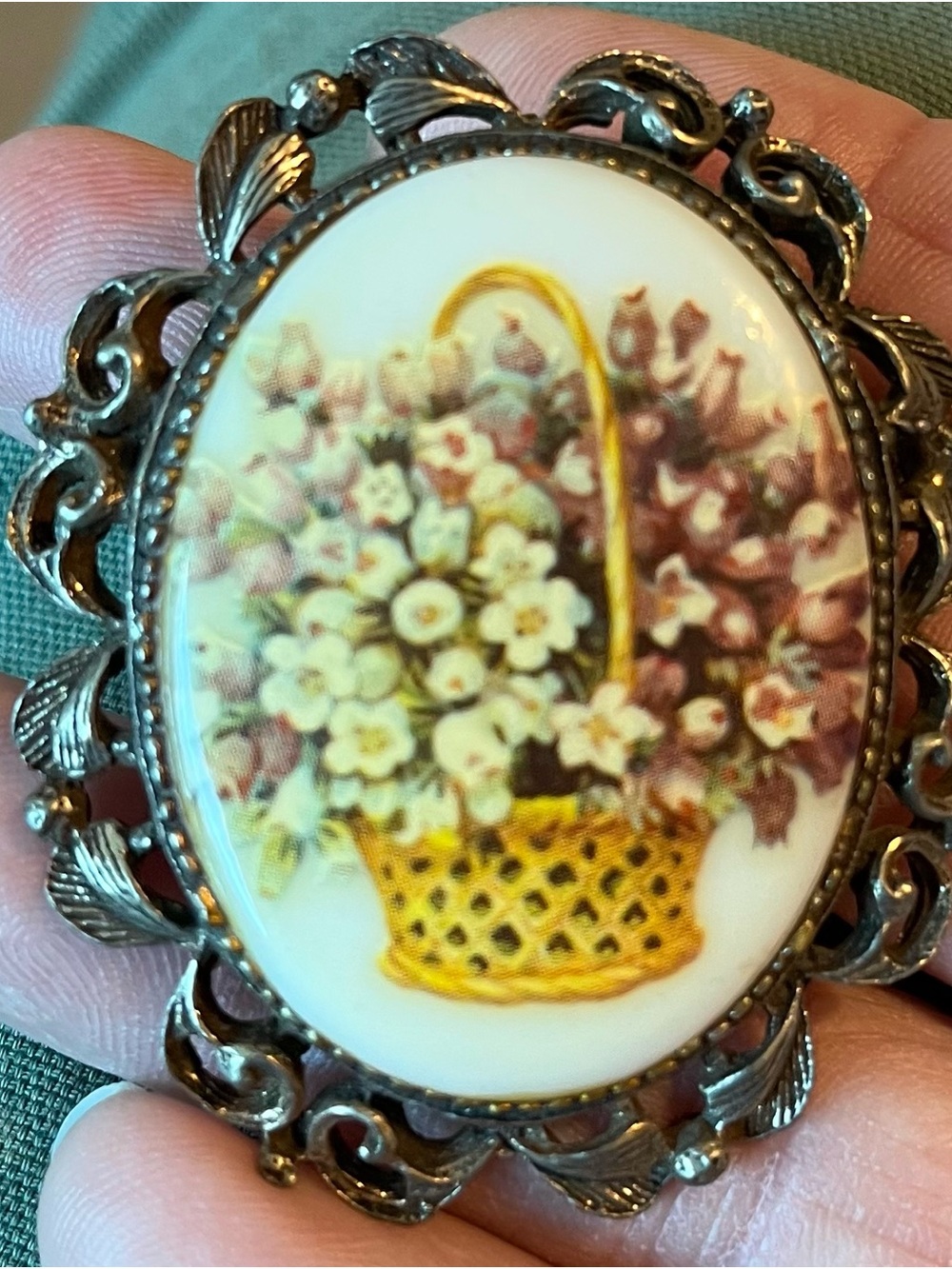 Vintage Porcelain Basket Brooch - White, Yellow, Pink w/ pin and pendant option.